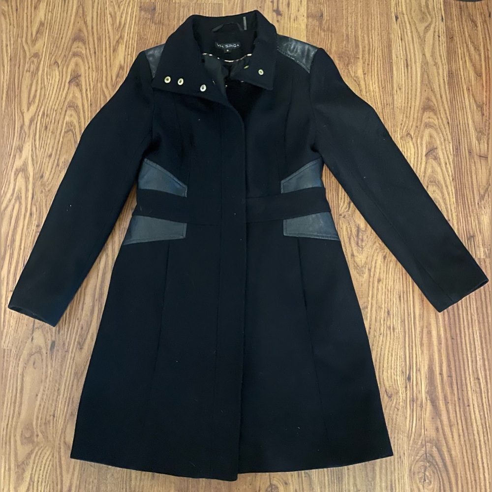 Via Spiga Black Wool Blend Like Midi Coat with Faux Leather Trim Size 8